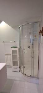 a bathroom with a shower with a glass door at Alloggio Turistico La Perla dell'Etruria in Sutri