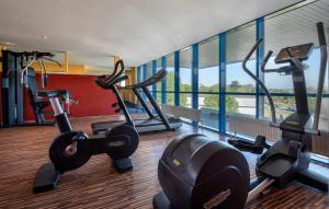 a gym with two treadmills and exercise bikes at Sunday Hotel and Spa Wismar in Wismar
