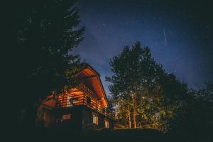 a cabin in the woods at night at Charming Chalet Rogla in Hudinja