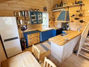 una cucina con armadi blu e frigorifero bianco di 7 person holiday home in lyngdal a Lyngdal