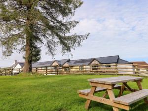a picnic table in the grass in front of a lodge at Lobster Cottage in Saundersfoot