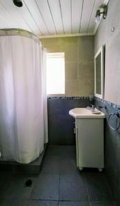ein Badezimmer mit Duschvorhang und Waschbecken in der Unterkunft Los Alamos in San Carlos de Bariloche