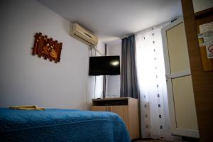 a bedroom with a bed and a tv and a window at Casa La Dinamo in 2 Mai