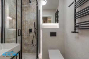 a bathroom with a shower with a toilet and a sink at Apartamenty BlueSky - Nad Łomnicą 14 - centrum Karpacza, blisko deptaka in Karpacz +62 photos
