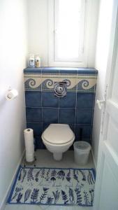 een kleine badkamer met een blauw en wit toilet bij La rouvraie in Flayosc