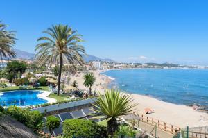 Blick auf einen Strand mit Palmen und das Meer in der Unterkunft N02 Los Rosales - Studio in Sitio de Calahonda