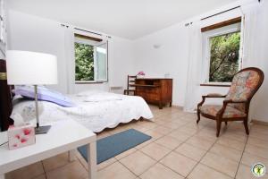 a bedroom with a bed and a desk and a chair at Gite le Sagnac 4 personnes in Sauzet
