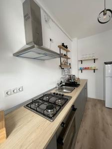 a kitchen with a stove and a counter top at Malina Residence Aparthotel in Cisnădie