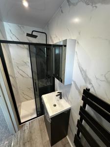 a bathroom with a sink and a shower at Abbey House in Waltham Abbey +3 photos