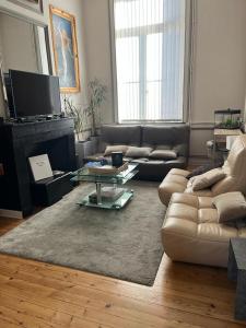 a living room with a couch and a coffee table at Maison arrageoise authentique, entre ville et parc in Arras