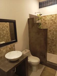 a bathroom with a toilet and a sink and a shower at Hotel Chicala salgar in Puerto Salgar +33 photos