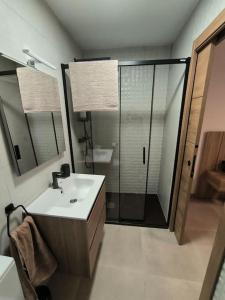 a bathroom with a sink and a glass shower at Casa Otilia, Aventura y Relax in Buñol