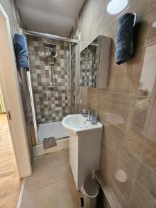 a bathroom with a sink and a shower at Central Chambers Suites - Suite 4 in Leek