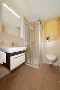 ツェルマットにあるフェリエンボヌング ハウス アキレスのバスルーム(シャワー、洗面台、トイレ付)