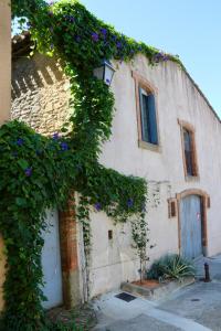 a building with a bunch of purple flowers on it at La Cité Secrète in Carcassonne