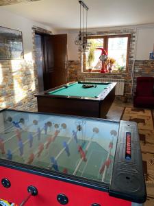 a pool table in a living room with a pool table at Domek pod lasem in Białka Tatrzanska
