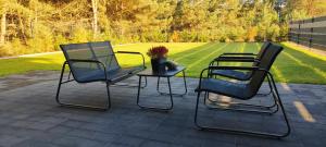 three chairs and a table with a vase on a patio at Wilga HOUSE in Piła