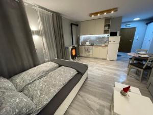 a bedroom with a bed and a table and a kitchen at Castle Studio 203 Pamporovo in Pamporovo