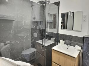 a bathroom with a shower and a sink and a toilet at Appart Hotel Cinéma Perpignan in Perpignan +9 photos