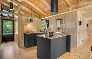 une cuisine avec un îlot noir dans une pièce en bois dans l'établissement Nice Home In Knebel With House Sea View, à Knebel 26 autres photos