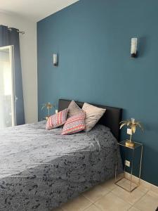 een blauwe slaapkamer met een bed met kussens erop bij jolie maison de pêcheurs in Palavas-les-Flots +12 foto's