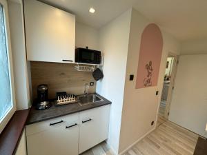 a small kitchen with a sink and a microwave at hébergement pour 3 personnes, 2 chambres in Overijse