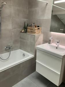 a bathroom with a sink and a shower and a tub and a sink at Joli duplex proche du lac Léman in Messery +22 photos