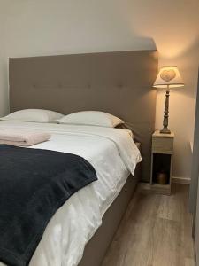 a bedroom with a bed with a black blanket on it at Joli duplex proche du lac Léman in Messery