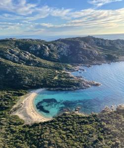 z powietrza widok na małą wyspę w oceanie w obiekcie T2 d'exception 100m plage terrasse vue mer et montagnes w mieście Propriano