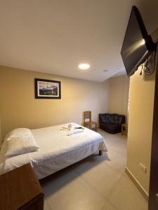 a bedroom with a bed and a couch and a television at Hospedaje CRUZ Oxapampa in Oxapampa