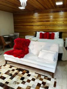 a bedroom with a white couch with red pillows at Pousada Frio da serra in Bom Jardim da Serra