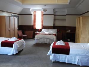セント・アンドルーズにあるUniversity Hall - Campus Accommodationのベッド2台とデスクが備わるホテルルームです。