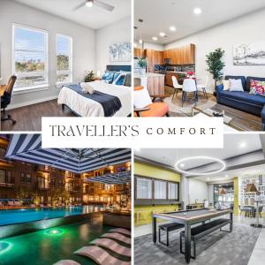 eine Collage mit Fotos eines Hotelzimmers mit Pool in der Unterkunft Cityscape Luxury Living Downtown Fort Worth Condo, Pool, Gym, Parking, BBQ in Fort Worth