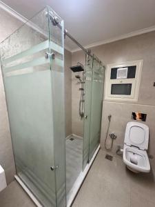 a bathroom with a glass shower with a toilet at King Farouk Palace in Cairo