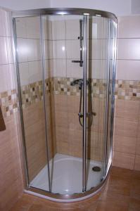 a shower with a glass door in a bathroom at Apartment U Anděla in Dlouhá Ves