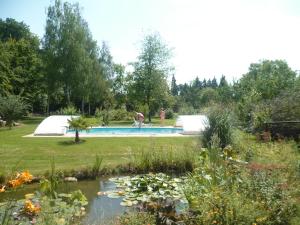 a swimming pool in a garden with a pond at Les 3 Tilleuls in Roye