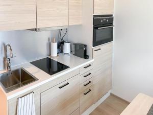 a kitchen with wooden cabinets and a sink at StyleStudio Areena1 in Tampere +9 photos