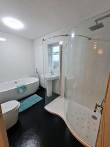 a bathroom with a shower and a toilet and a sink at Modern 3 Bedroom Property centrally based in Balivanich +11 photos