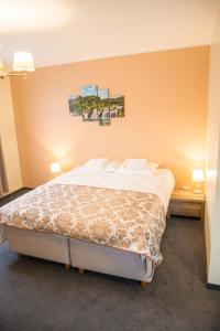 穆斯特韋的住宿－Ankur Hotell，一间卧室配有一张带两张桌子和两盏灯的床。