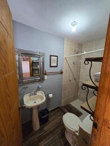 a bathroom with a sink and a toilet and a shower at Cabañas el Corral del Rayo Huasca in Huasca de Ocampo +61 photos