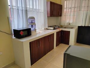 a kitchen with a counter with a microwave and a window at KAJIADOHOMES in Kajiado