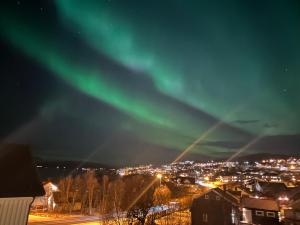 an aurora in the sky over a city at night at Stor hybel in Tromsø