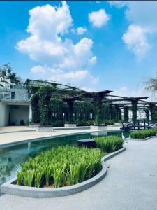 a swimming pool with plants in front of a building at Green Haven Unique Relaxing Home & Netflix in Masai +22 photos