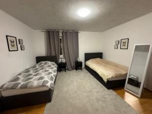 a bedroom with two beds and a mirror at Ferienwohnung mitten in Fulda in Fulda