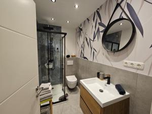 a bathroom with a shower and a sink and a mirror at Fewo Green, Businesswohnung, Monteurzimmer, Zentral in Salzgitter
