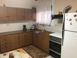 a kitchen with wooden cabinets and a white refrigerator at Σπιτάκι δίπλα στην θάλασσα! in Chios
