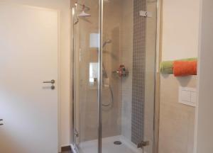 a shower with a glass door in a bathroom at Haus am Nordstrand 2 in Prerow