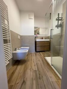 a bathroom with a sink and a toilet and a shower at Loft l'Alessandra in Bolzano +10 photos