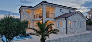 ein großes weißes Haus mit einer Palme davor in der Unterkunft Luxury five stars villa with pool, near beach - by TRAVELER tourist agency Krk - ID 2140 in Pinezici