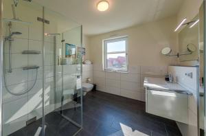 a bathroom with a glass shower and a sink at Möwe - Apartment in der Hafenresidenz mit Balkon & Wellness in Waren +17 photos